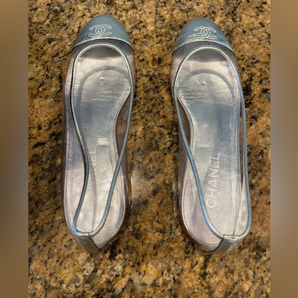CHANEL Shoes - CHANEL Metallic Silver Blue Cap-Toe Jelly Flats